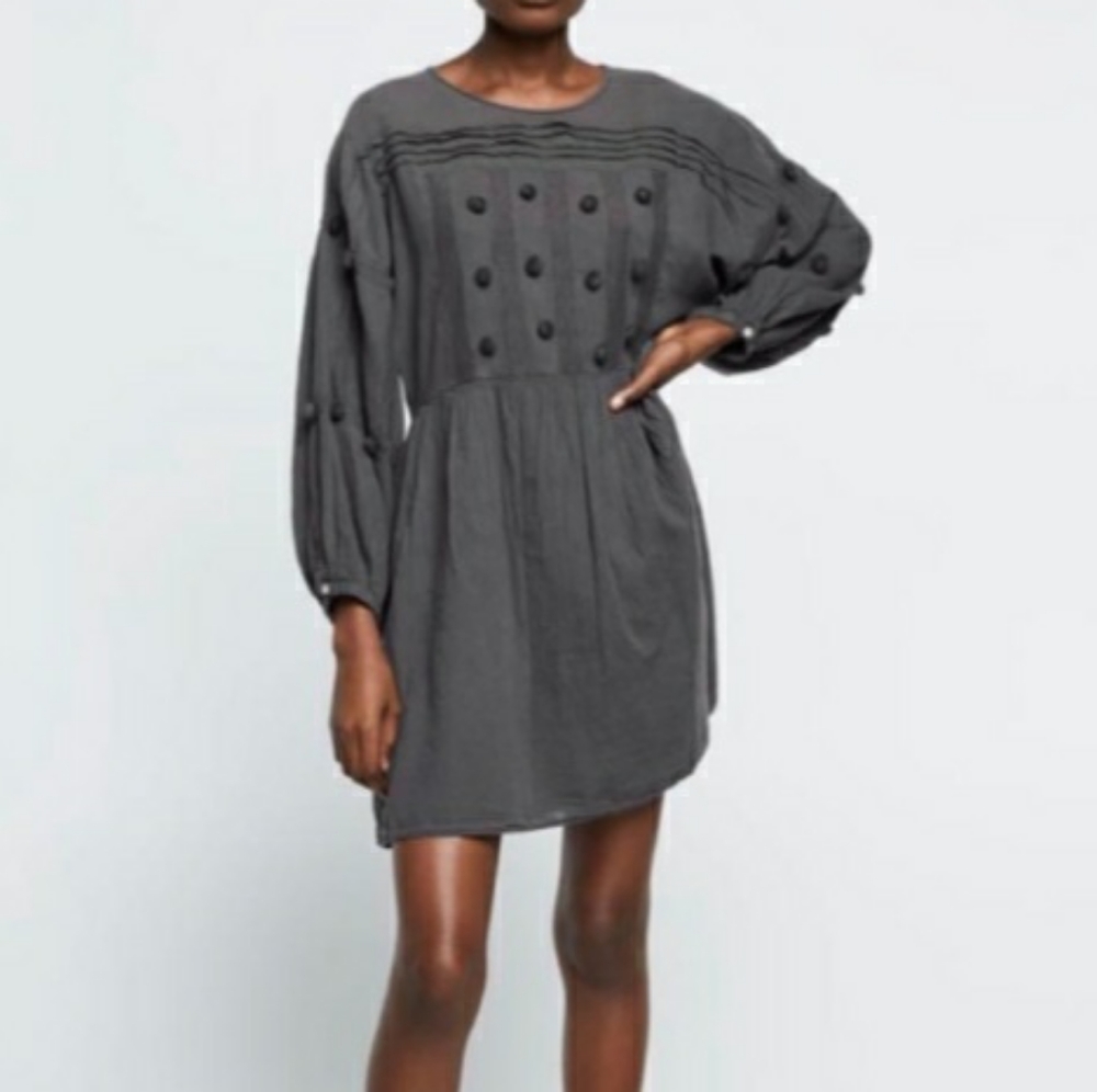 ZARA Womens Gray Pom Pom Baby Doll Tunic Top Dress NWT Sz M